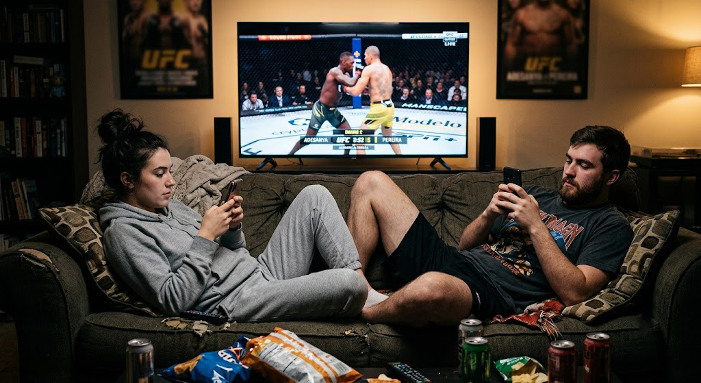 Fans distracted while a fight plays on TV